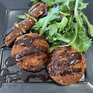 Top left: Grilled Steak skewer.  Bottom: potato croquets that came with spring salad.   Potato Croquettes, Grilled Steak