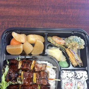 Vegetable Tempura, California Roll, Pork Belly. Wasabi and Ginger as well.