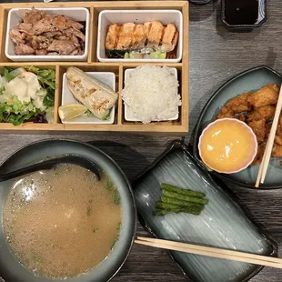 11/13/24 Bento 3 Items - Chicken Teriyaki, Salmon Teriyaki &amp; Saba Shioyaki. Miso Soup. Grilled Asparagus. Chicken Kara-age