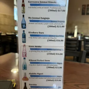 Sake menu.
