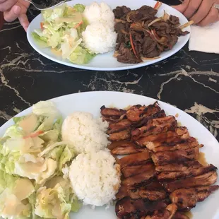 Mongolian beef + chicken teriyaki. Not a fan of the salad dressing