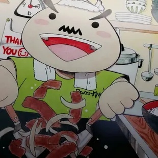 A cartoon painting in the eating area of Bento Man himself