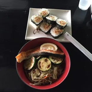 Salmon Bowl and Spicy Tuna Roll for $13.95