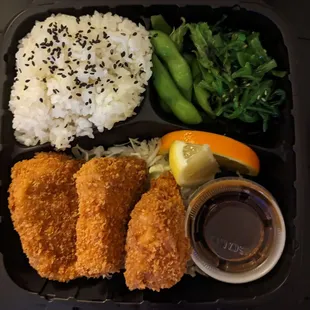 Pork katsu w edamame and wakame subbed for macaroni salad