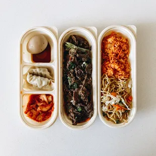Base: Kimchi fried rice &amp; Yakisoba Main Dish: Bulgogi 3 Sides: Soy braised egg, Dumpling, Kimchi