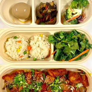 Dak Galbi, Fried Rice, Kale Salad, Boiled Egg (soy sauce marinated), Egg Plant Salad, Broccoli Salad.  not just fancy but also DELICIOUS!