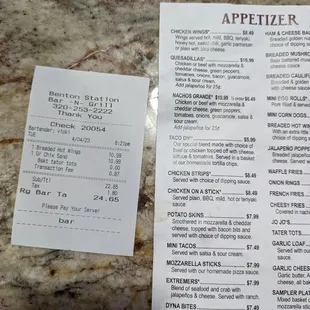 Receipts that show the actual charge, and the menu that is what it is supposed to be.
