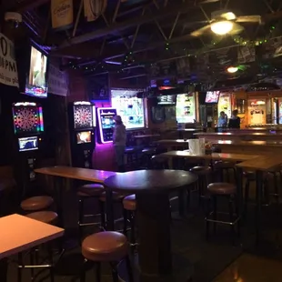 bar seating and neon lights