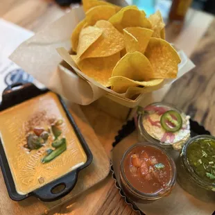 Chips, Queso, Salsa trio