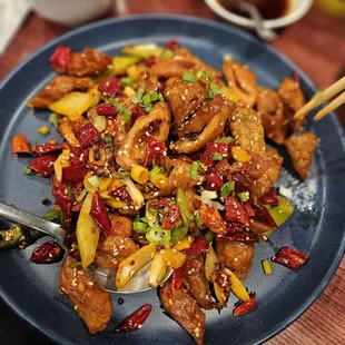 Fried pork intestine with chili's.