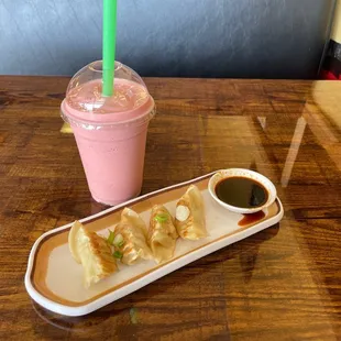 Gyoza and strawberry/ banana smoothie