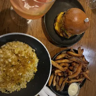 Ruby spritz, spaghetti, burger, fries