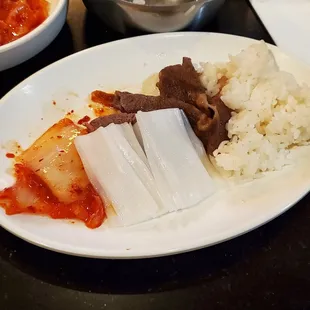 Kimchi, rice sheets, brisket + rice