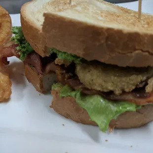 Fried Green Tomato BLT w/hand dipped onion rings