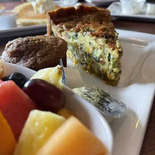 Fruit, Raisin Bran muffin, quiche