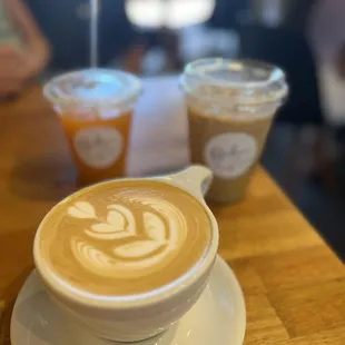 Caramel Latte, Honey Lavender Latte, and freshly squeezed Orange Juice