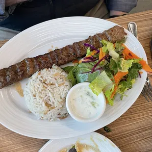 Adana Kebab plate. Also the free hummus they brought out to us in the center of the table.