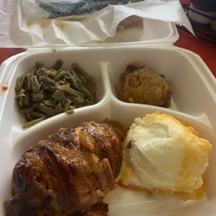 Chicken wrapped in bacon.