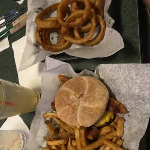 1/2 pound burger with bacon &amp; fries/the Hot Tamale burger with onion rings