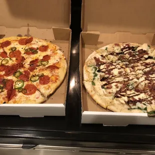 Jalapeño and pepperoni pizza and the Bianca pizza
