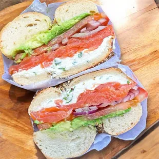 Lox bagel with scallion cream cheese, tomato, red onion and avocado. Good stuff!!