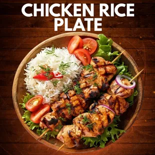 Chicken rice plate with freshly grilled kabobs, aromatic jasmine rice, and freshly cut salad!