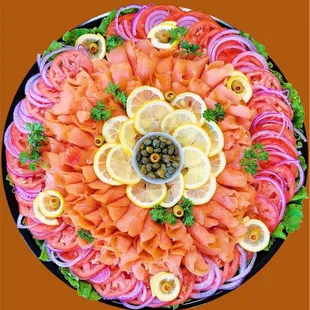 Fresh nova lox (smoked salmon) platter