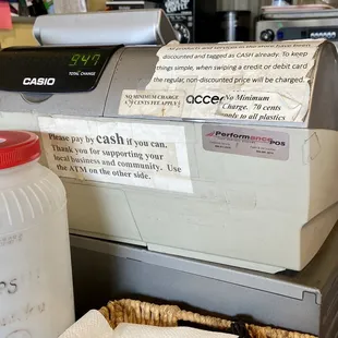 Prices listed are cash prices, $0.70 charge for using a credit card