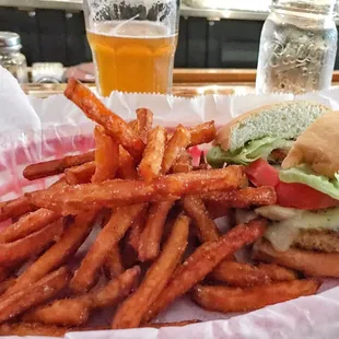 Veggie burger and sweet potato fries