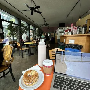 a laptop and a plate of food