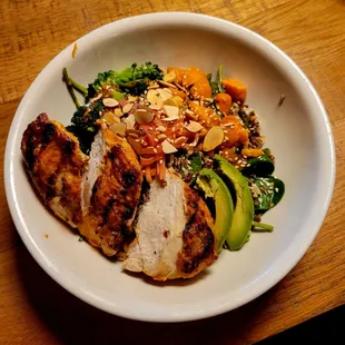 Grain bowl with hot chicken.