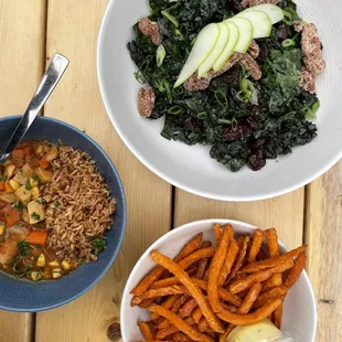 Kale Salad Tofu Chorizo Stew Sweet Potato Fries