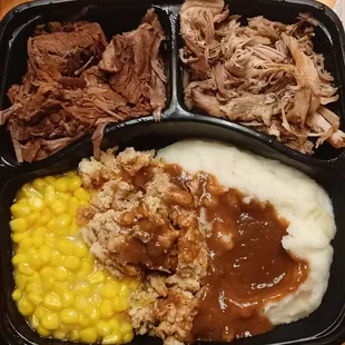 Amish Country Sampler w/ roast beef, roast pork, mashed potatoes, gravy &amp; creamed corn