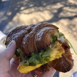 The best breakfast sandwich in the city!!! This BEC, (bacon, egg, cheese + on fresh croissant) with incredible salsa verde!