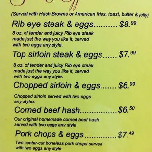 Menu:  Steak &amp; Eggs