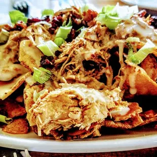 Loaded Cheesy Chips - home cooked potato chips topped with pulled chicken, bacon, melted spicy queso cheese and green onions.