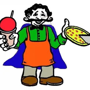 a man in an apron holding a pizza and an apple