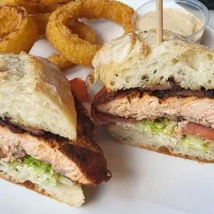 Salmon BLT and onion rings