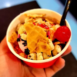 a hand holding a bowl of frozen yogurt