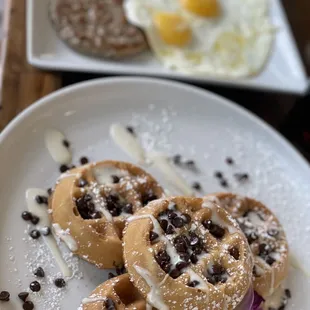 Combo - Waffles with cream cheese icing and the two eggs and sausage patties