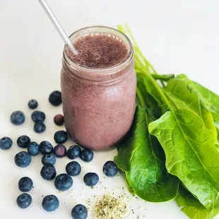 The Marathon Continues - blueberry, hemp seeds, coconut milk, spinach, banana