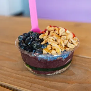 Acai, blueberries, cashews, agave nectar, strawberries, and blue chai seed pudding.