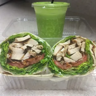 Grilled chicken wrap and spinach mint pineapple smoothie