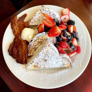 French Toast and Bacon. I ordered the side of fresh berries &amp; put on top myself to make this prettier- get this!