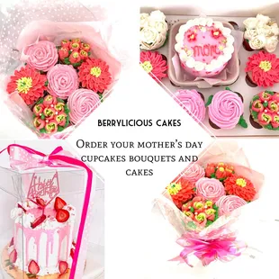 Mother's Day cupcake bouquet, bento cake and cupcake boxes and cakes for Mother's Day