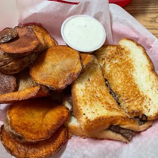 Grilled cheeseburger and bert fries with ranch