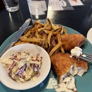 Fish and Chips with coleslaw.