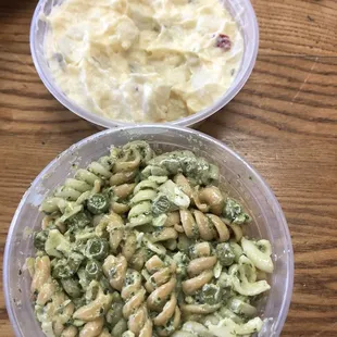 Pesto pasta salad and potato salad