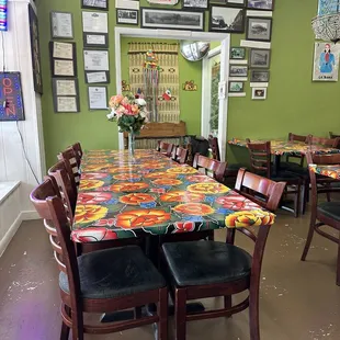 a table and chairs in a restaurant