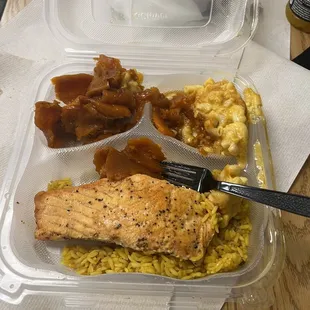Pathetic salmon platter with candied yams and macn cheese and cabbage